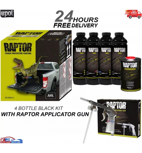 UPOL Raptor Black Bed Liner Kit – Tough 4 Bottles + Applicator Spray Gun